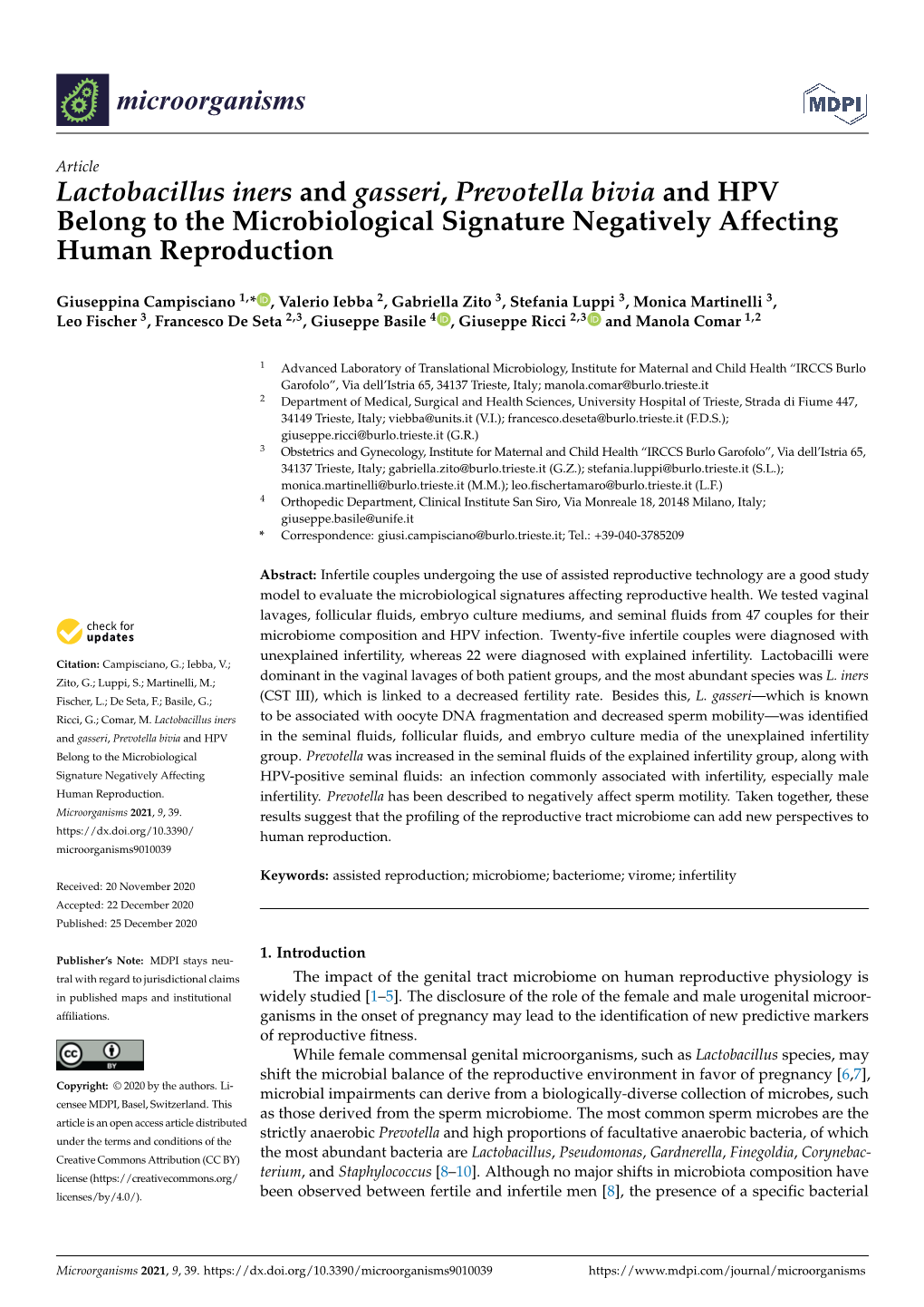 Lactobacillus Iners and Gasseri, Prevotella Bivia and HPV Belong to the Microbiological Signature Negatively Affecting Human Reproduction