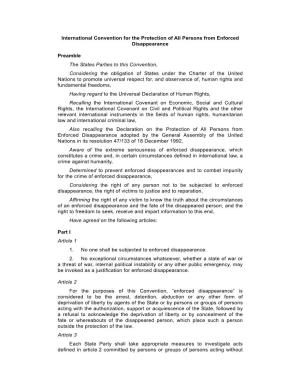 International Convention for the Protection of All Persons from Enforced Disappearance Preamble the States Parties to This Conve