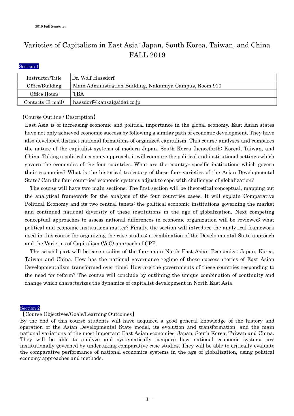 Varieties of Capitalism in East Asia: Japan, South Korea, Taiwan, and China FALL 2019