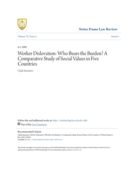 Worker Dislovation: Who Bears the Burden? a Comparative Study of Social Values in Five Countries Clyde Summers