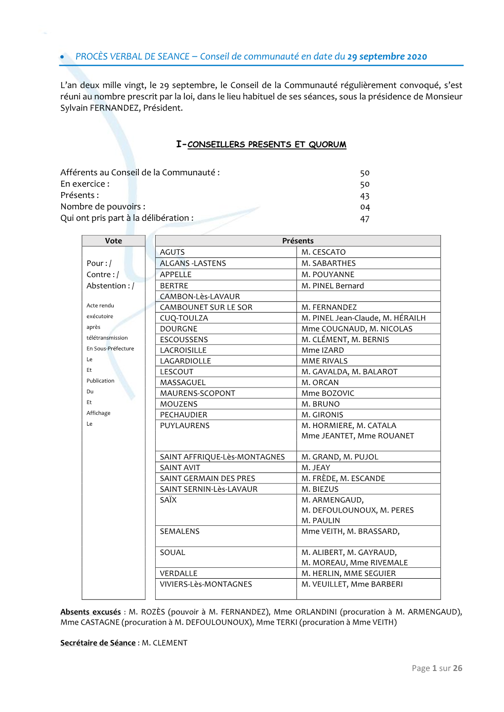 PROCÈS VERBAL DE SEANCE – Conseil De Communauté En Date Du 29 Septembre 2020