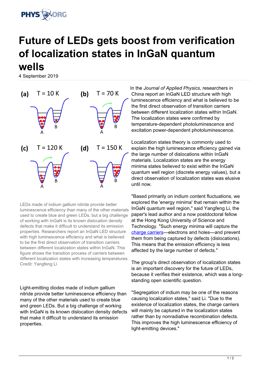 Future of Leds Gets Boost from Verification of Localization States in Ingan Quantum Wells 4 September 2019