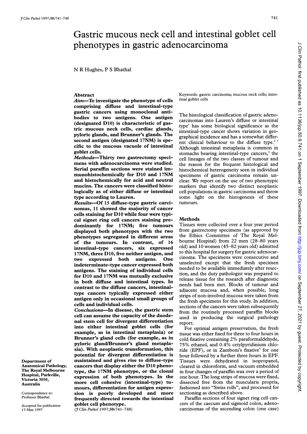 Gastric Mucous Neck Cell and Intestinal Goblet Cell Phenotypes in Gastric Adenocarcinoma J Clin Pathol: First Published As 10.1136/Jcp.50.9.741 on 1 September 1997