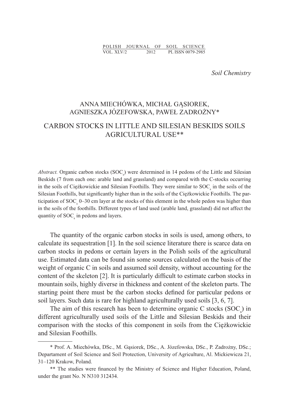 Carbon Stocks in Little and Silesian Beskids Soils Agricultural Use**