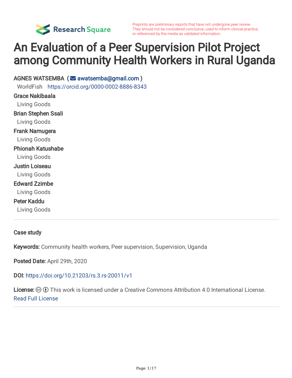 An Evaluation of a Peer Supervision Pilot Project Among Community Health Workers in Rural Uganda