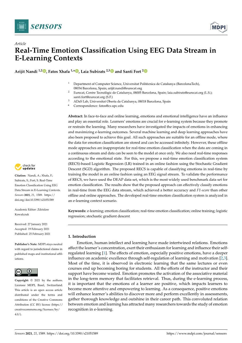 Real-Time Emotion Classification Using EEG Data Stream in E-Learning Contexts