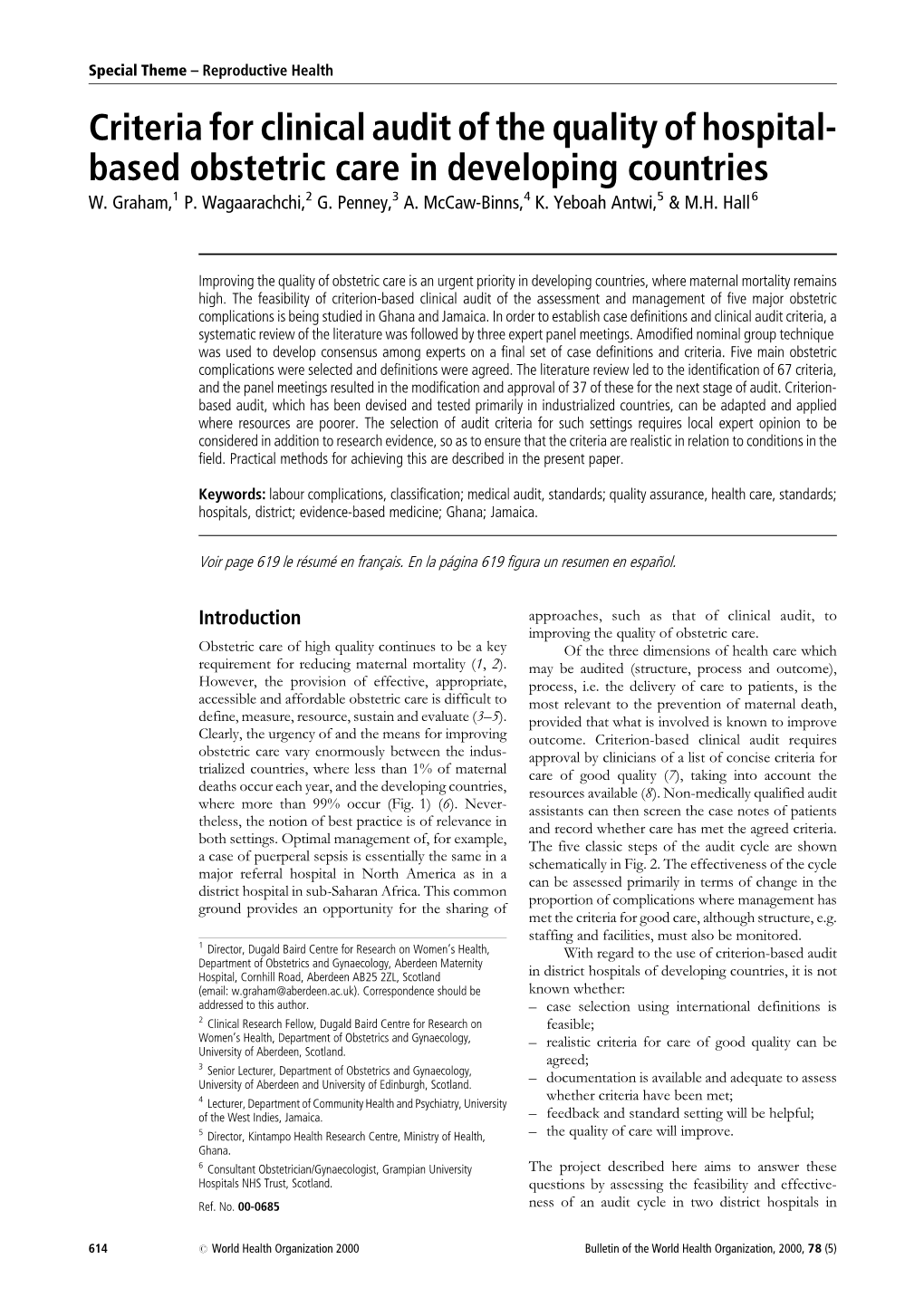 Criteria for Clinical Audit of the Quality of Hospital- Based Obstetric Care in Developing Countries W