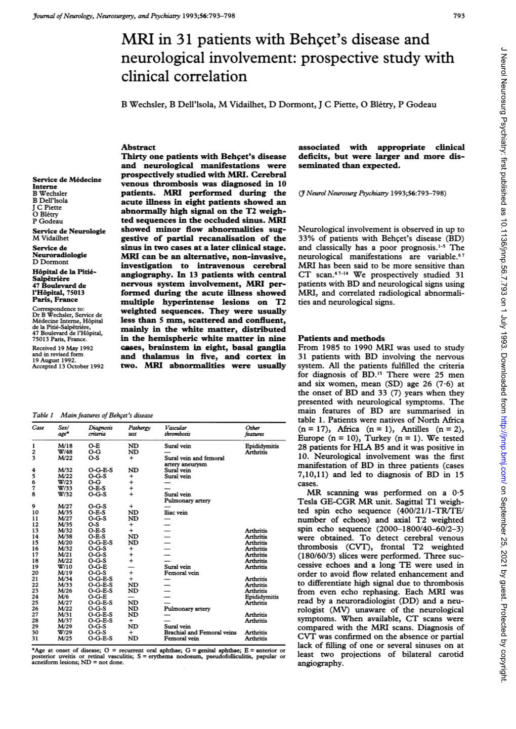 MRI in 31 Patients with Behget's Disease and Neurological Involvement