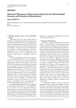 Molecular Phylogeny of Polyneoptera Based on the Mitochondrial Genome and Focused on Phasmatodea* Natuo KÔMOTO