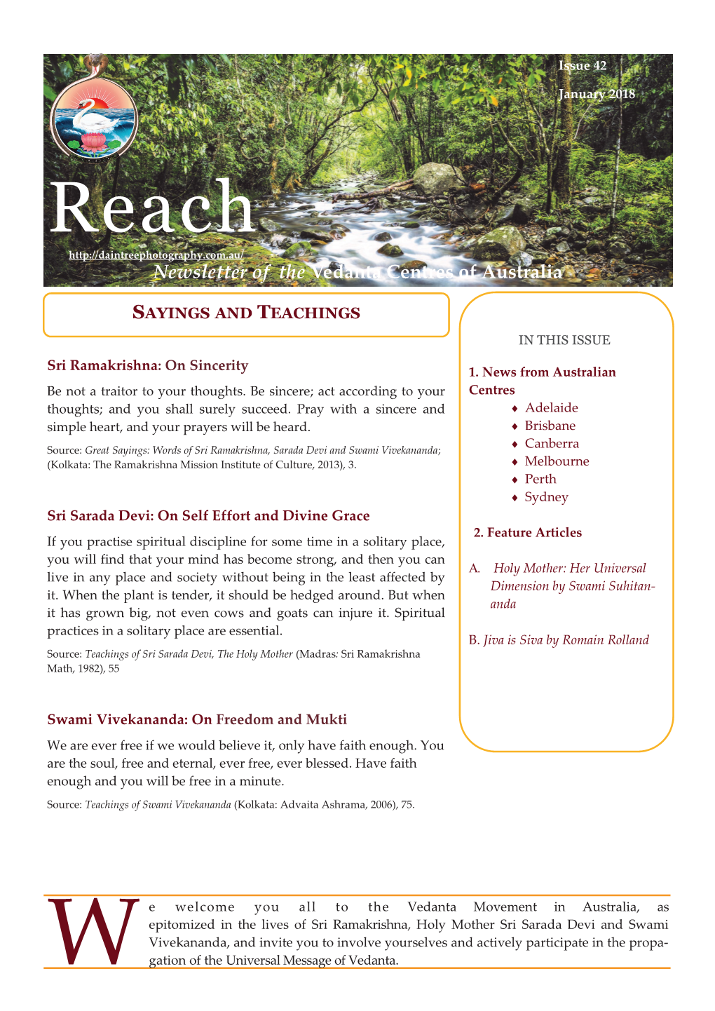 Reach Newsletter of the Vedanta Centres of Australia