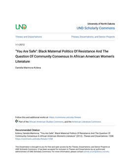 Black Maternal Politics of Resistance and the Question of Community Consensus in African American Women's Literature