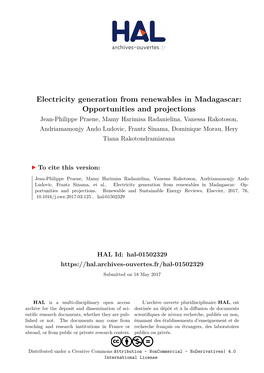 Electricity Generation from Renewables in Madagascar: Opportunities and Projections