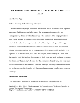 THE DYNAMICS of the DEMOBILIZATION of the PROTEST CAMPAIGN in ASSAM Tijen Demirel-Pegg Indiana University-Purdue University Indi