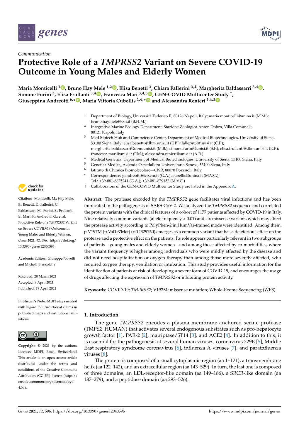 Protective Role of a TMPRSS2 Variant on Severe COVID-19 Outcome in Young Males and Elderly Women