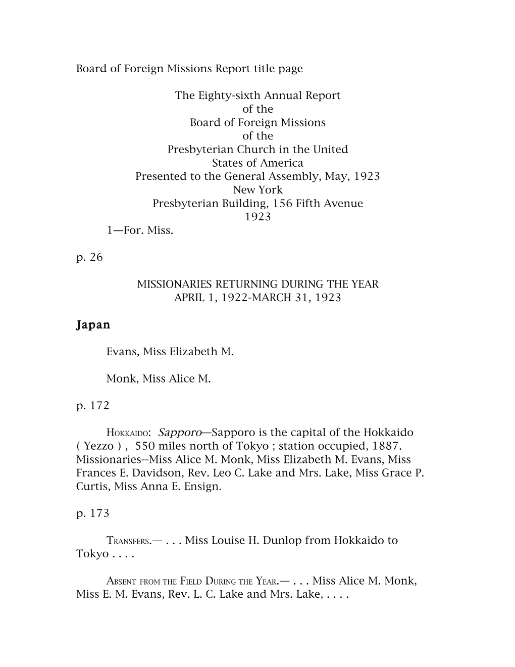 Board of Foreign Missions Report Title Page the Eighty-Sixth Annual