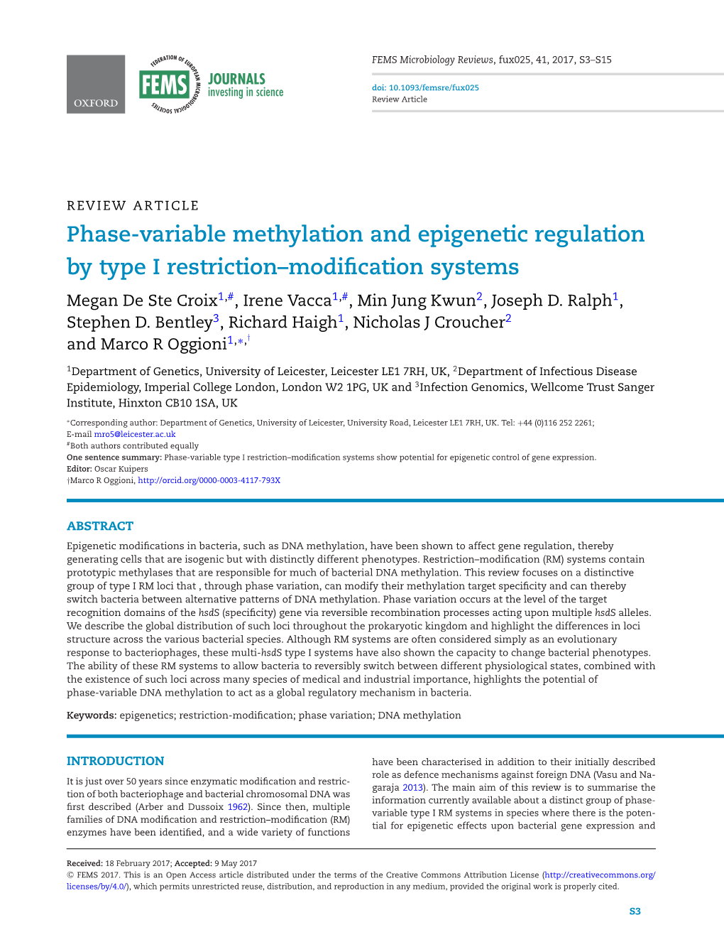 Phase-Variable Methylation and Epigenetic Regulation by Type I