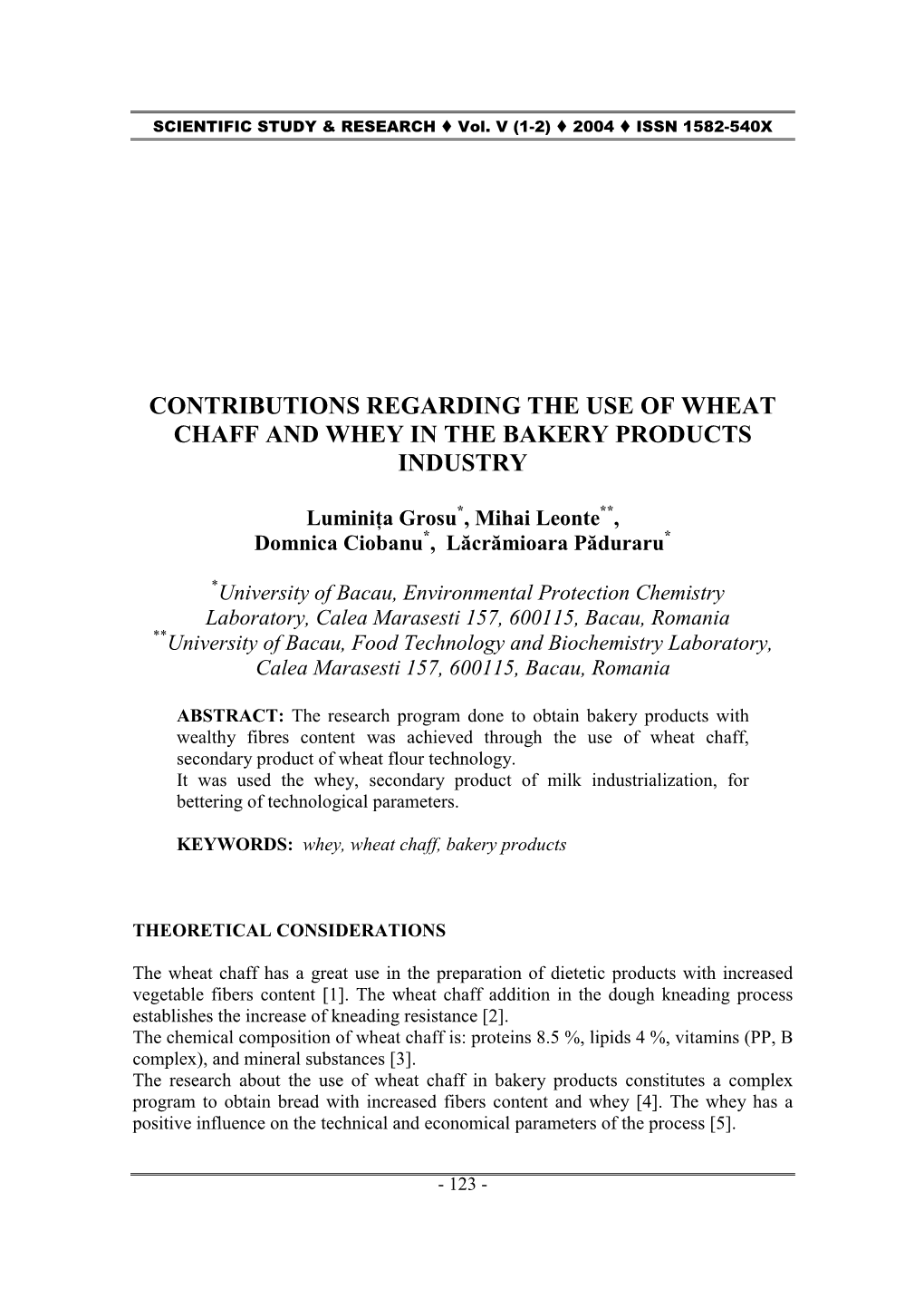 Contributions Regarding the Use of Wheat Chaff and Whey in the Bakery Products Industry