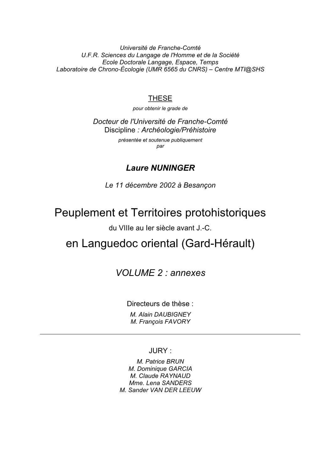 Peuplement Et Territoires Protohistoriques En Languedoc Oriental