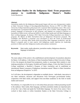 Journalism Studies for the Indigenous Sámi: from Preparatory Courses to Worldwide Indigenous Master’S Studies Torkel Rasmussen
