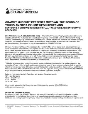 Grammy Museum® Presents Motown: the Sound of Young America Exhibit Upon Reopening Featuring a Motown Records Virtual Takeover Each Saturday in December