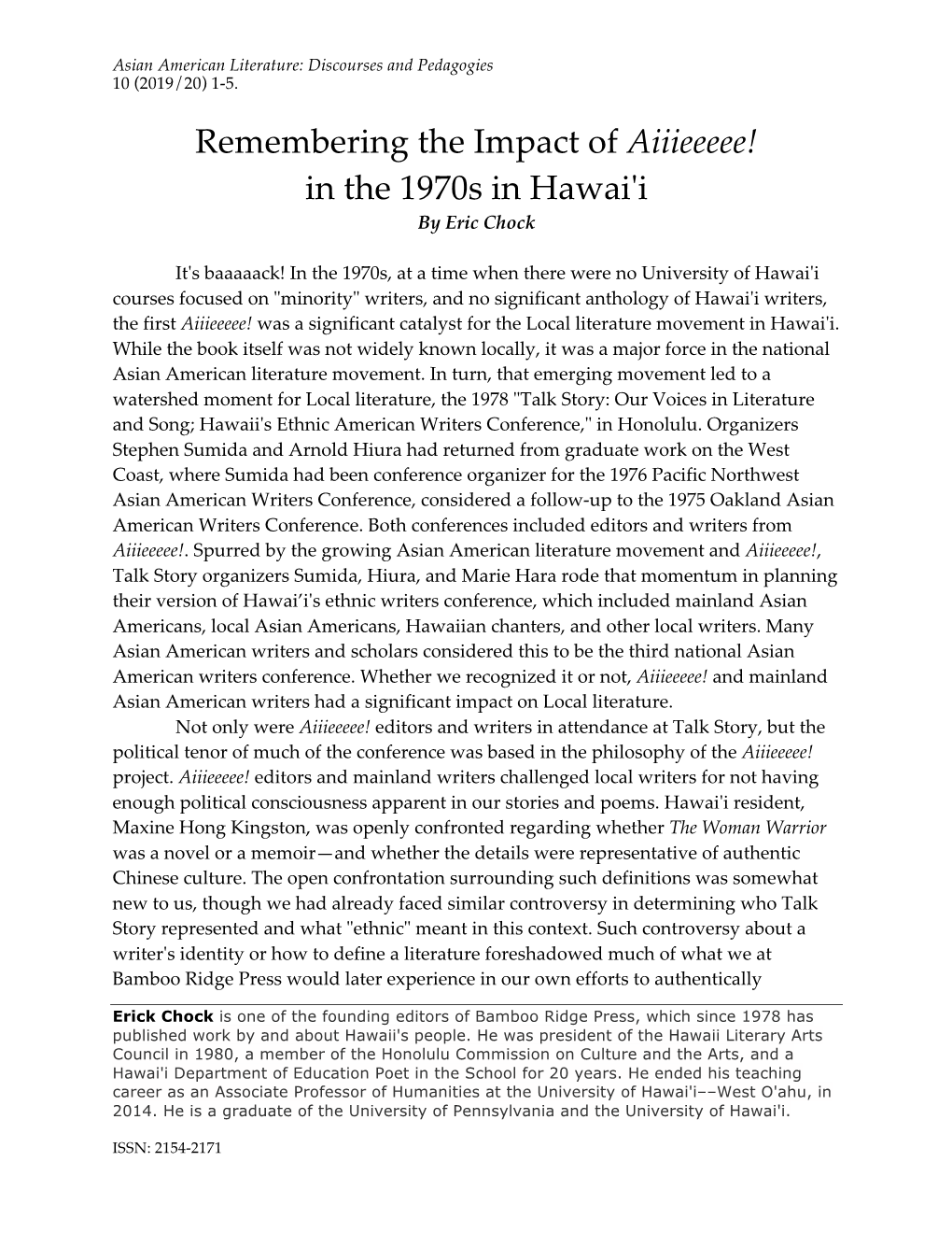 Remembering the Impact of Aiiieeeee! in the 1970S in Hawai'i by Eric Chock