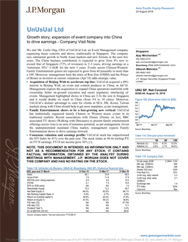 Unusual Ltd Growth Story; Expansion of Event Company Into China to Drive Earnings - Company Visit Note
