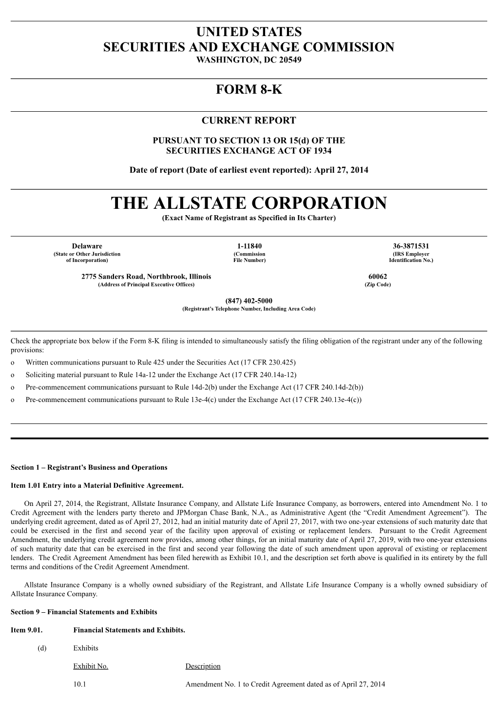 THE ALLSTATE CORPORATION (Exact Name of Registrant As Specified in Its Charter)