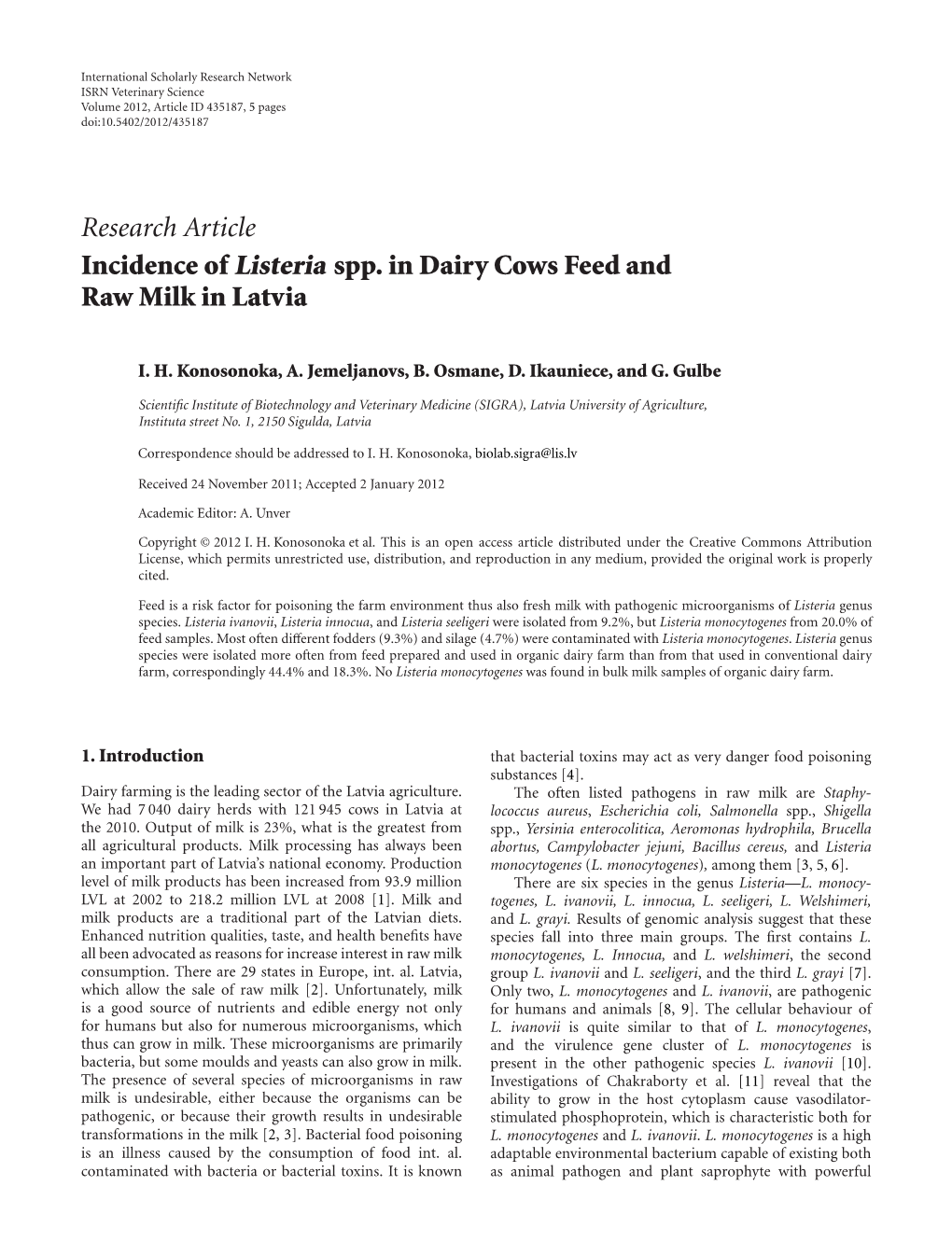 Research Article Incidence of Listeria Spp. in Dairy Cows Feed and Raw Milk in Latvia