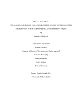 Dieu Et Mon Droit: the Marginalization of Parliament and the Role of Neoliberalism in The