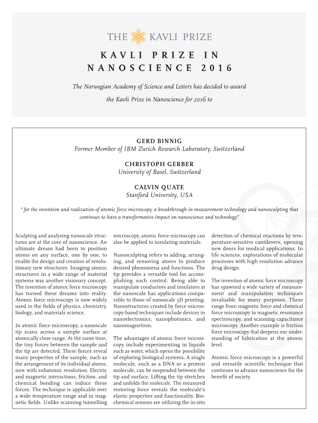 Kavli Prize in Nanoscience 2016