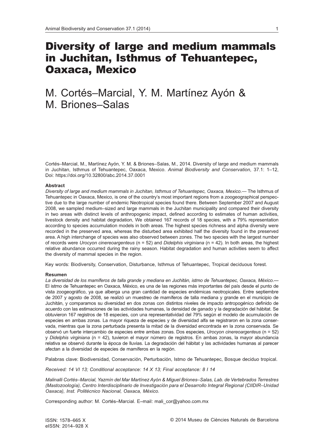 Diversity of Large and Medium Mammals in Juchitan, Isthmus of Tehuantepec, Oaxaca, Mexico