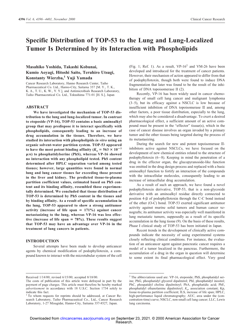 Specific Distribution of TOP-53 to the Lung and Lung-Localized Tumor Is Determined by Its Interaction with Phospholipids