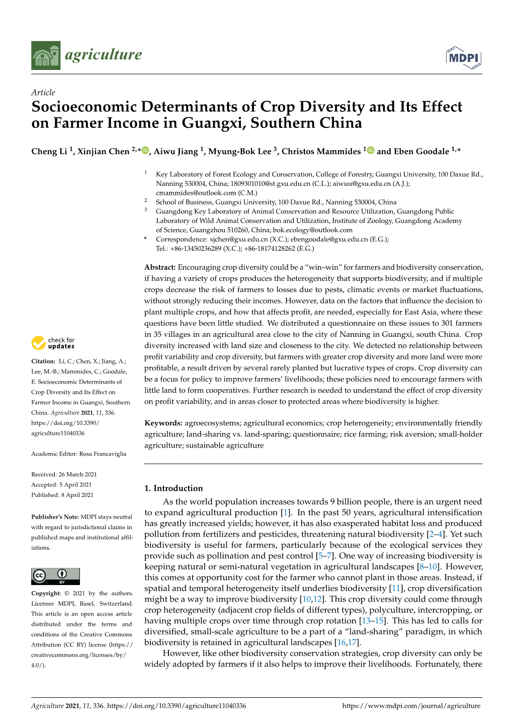 Socioeconomic Determinants of Crop Diversity and Its Effect on Farmer Income in Guangxi, Southern China