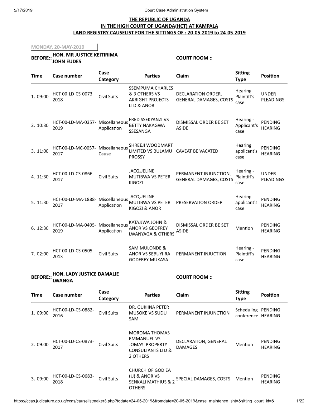 THE REPUBLIC of UGANDA in the HIGH COURT of UGANDA(HCT) a T KAMPALA LAND REGISTRY CAUSELIST for the SITTINGS of : 20-05-2019 to 24-05-2019