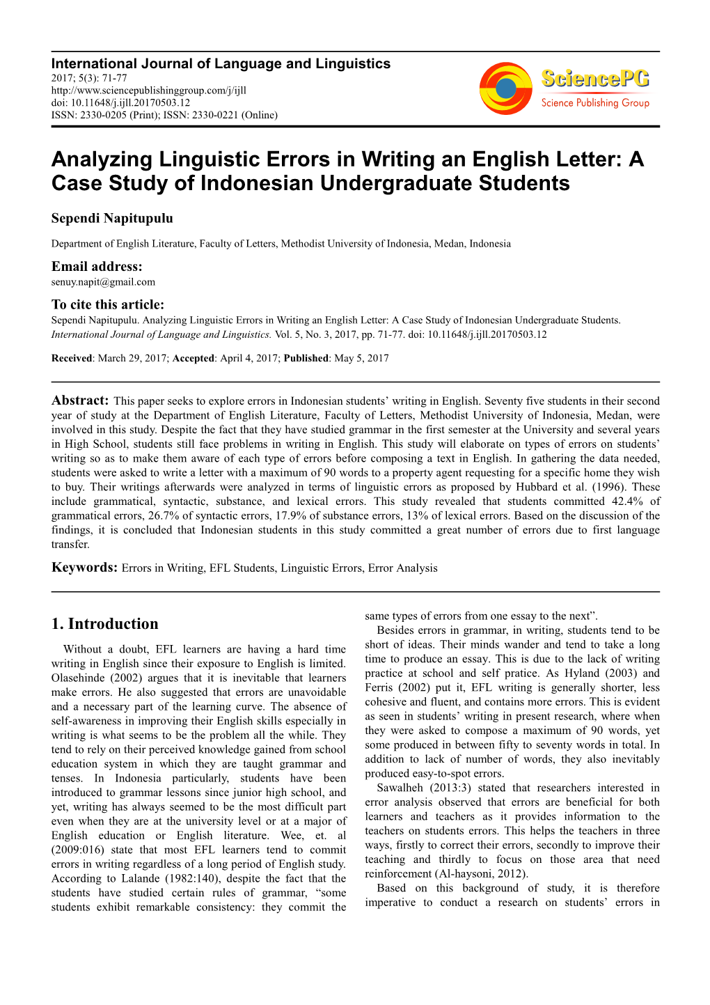 Analyzing Linguistic Errors in Writing an English Letter: a Case Study of Indonesian Undergraduate Students