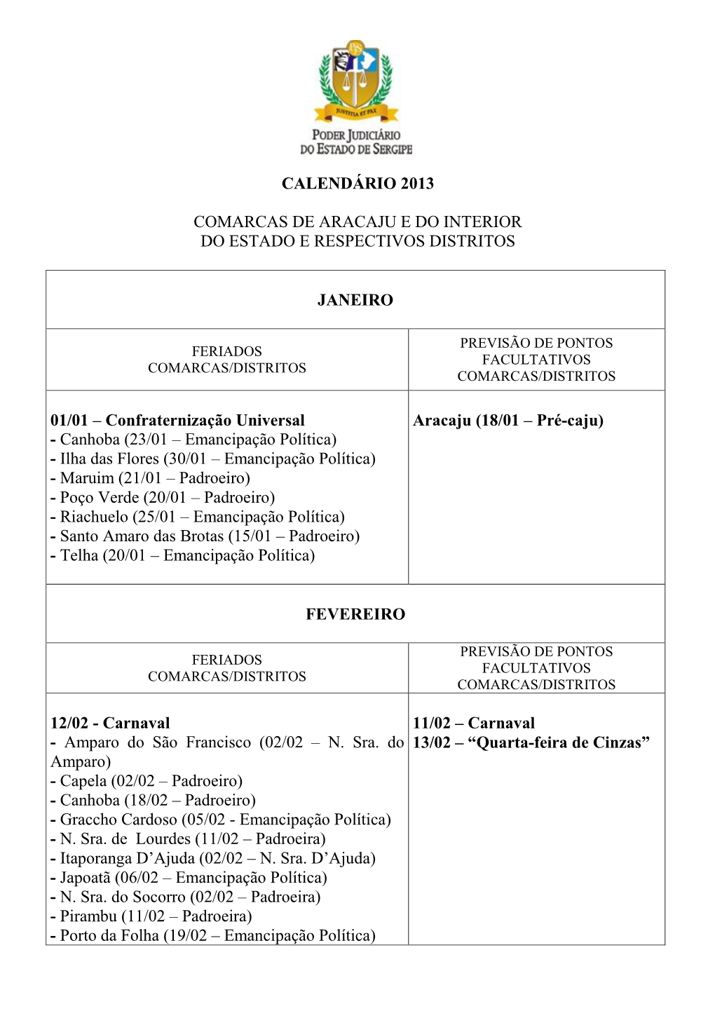 Calendário 2013 Comarcas De Aracaju E Do Interior Do Estado E Respectivos Distritos Janeiro