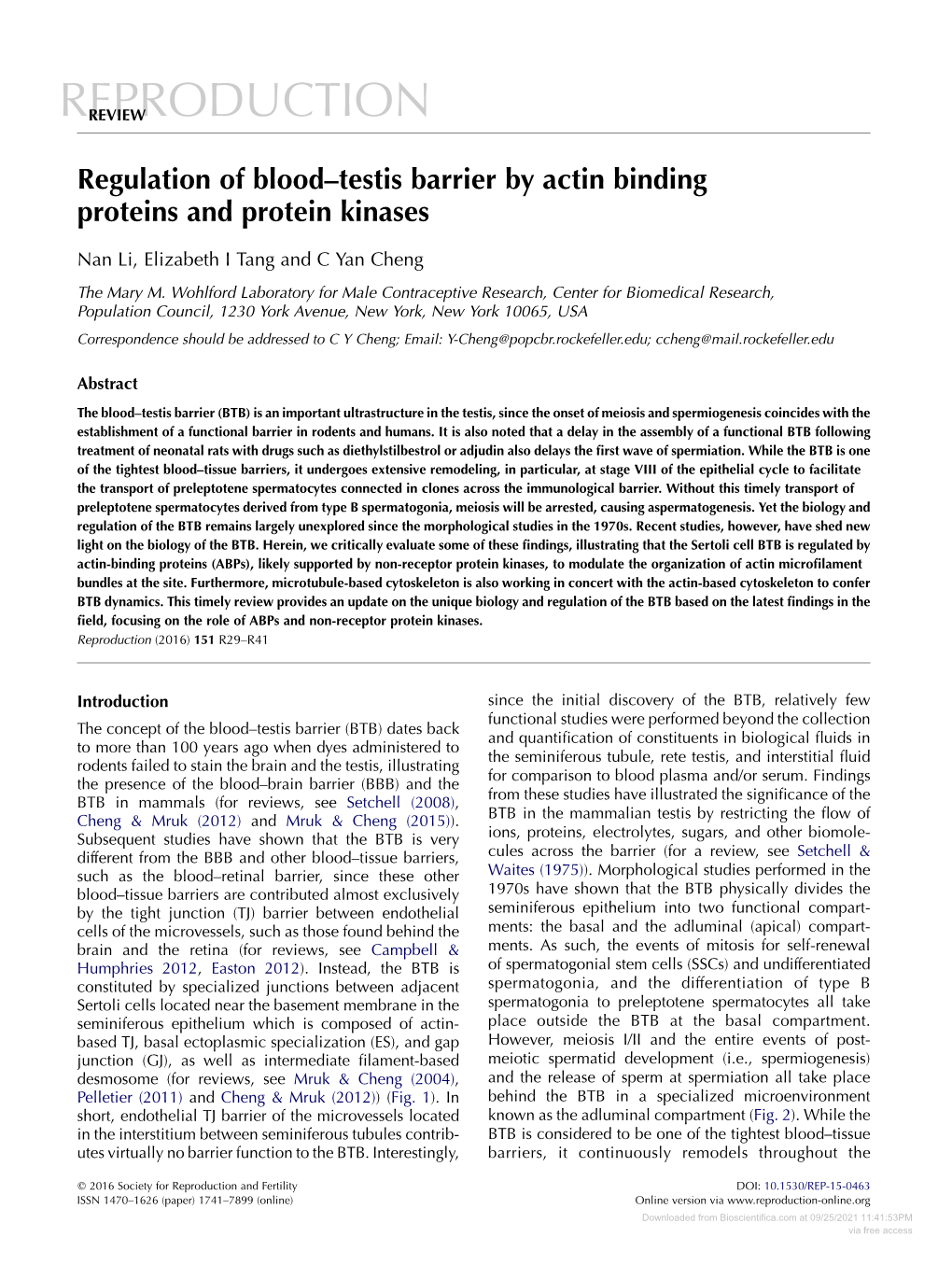 Regulation of Blood–Testis Barrier by Actin Binding Proteins and Protein Kinases