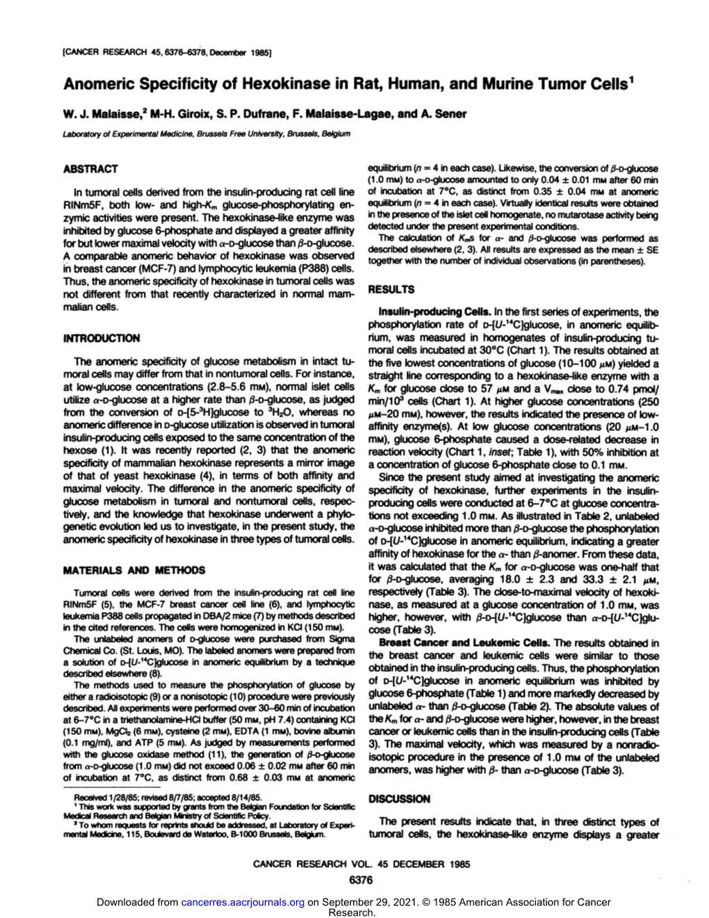 Anomeric Specificity of Hexokinase in Rat, Human, and Murine Tumor Cells1