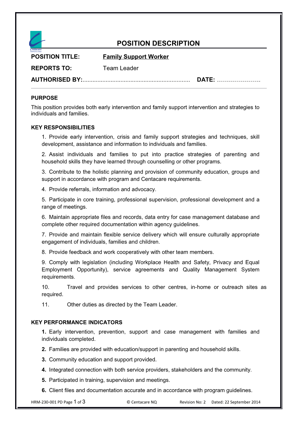 POSITION TITLE: Family Support Worker