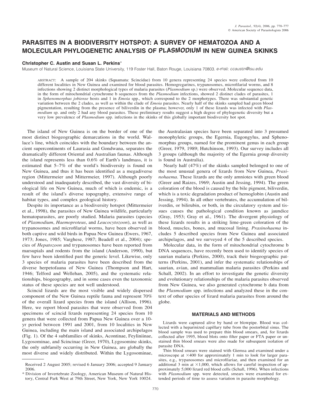 Parasites in a Biodiversity Hotspot: a Survey of Hematozoa and a Molecular Phylogenetic Analysis of Plasmodium in New Guinea Skinks