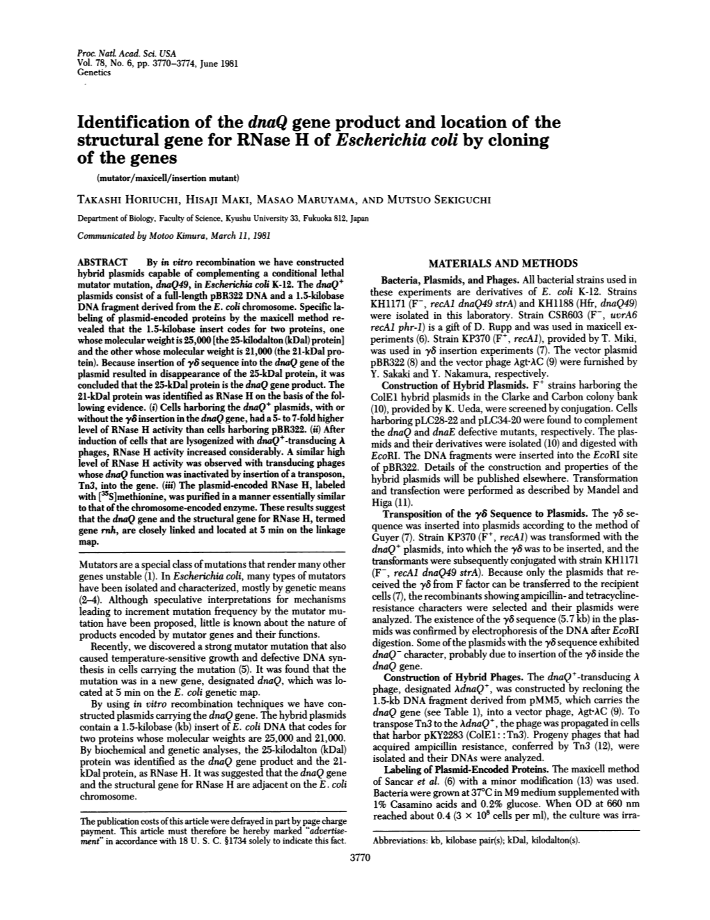 Structural Gene for Rnase H of Escherichia Coli by Cloning of The