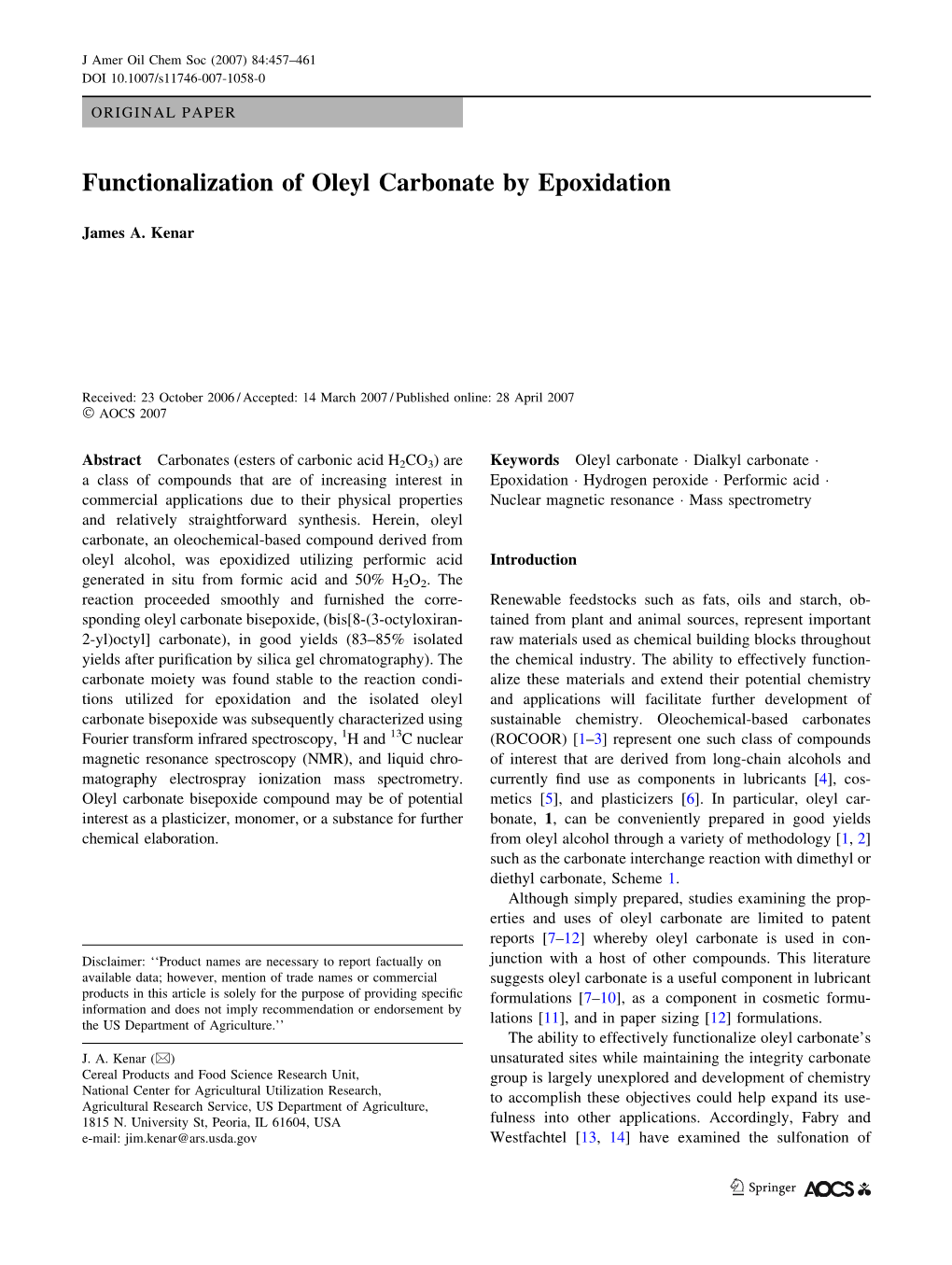 Functionalization of Oleyl Carbonate by Epoxidation