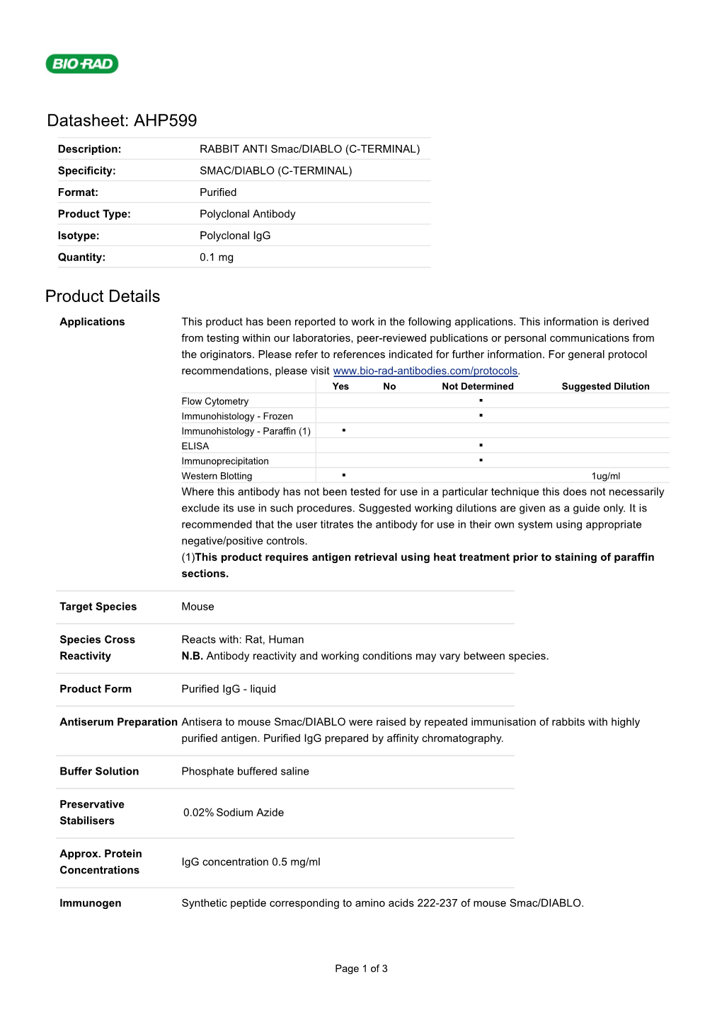 Datasheet: AHP599 Product Details