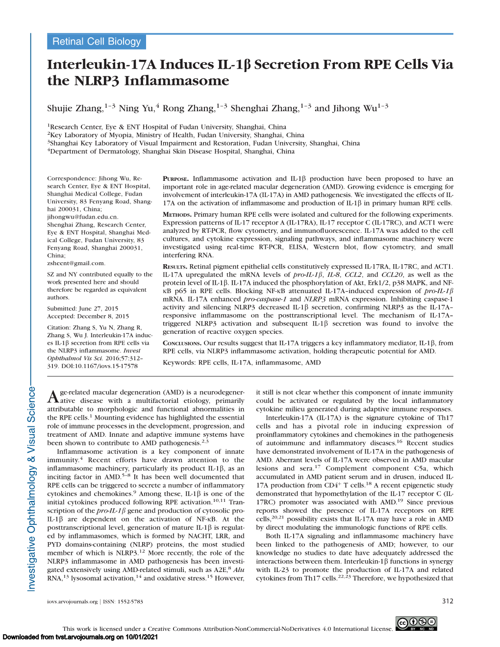 Interleukin-17A Induces IL-1B Secretion from RPE Cells Via the NLRP3 Inflammasome