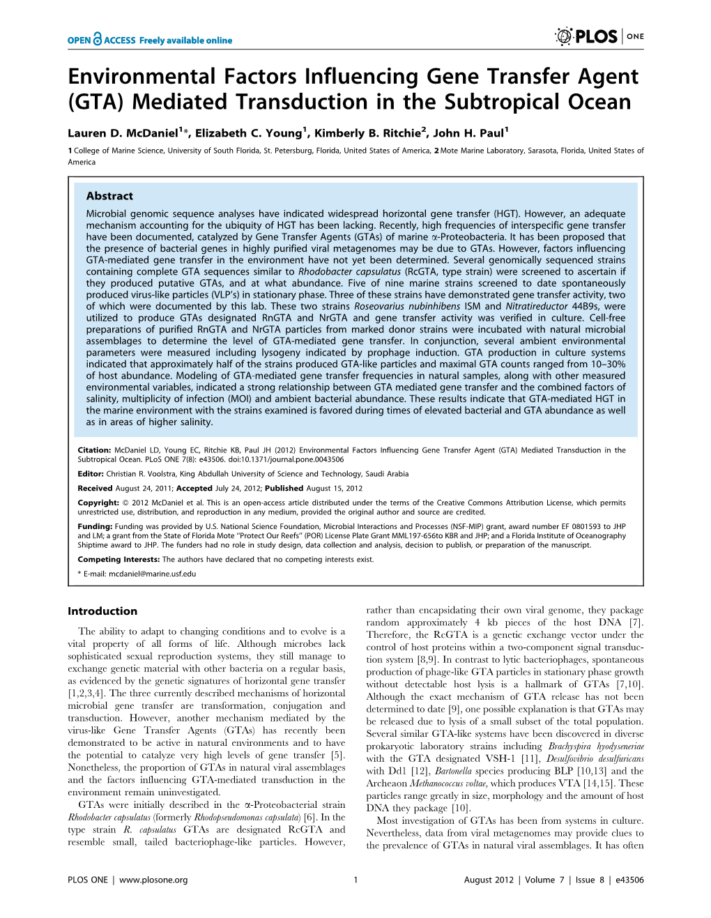 Environmental Factors Influencing Gene Transfer Agent (GTA) Mediated Transduction in the Subtropical Ocean