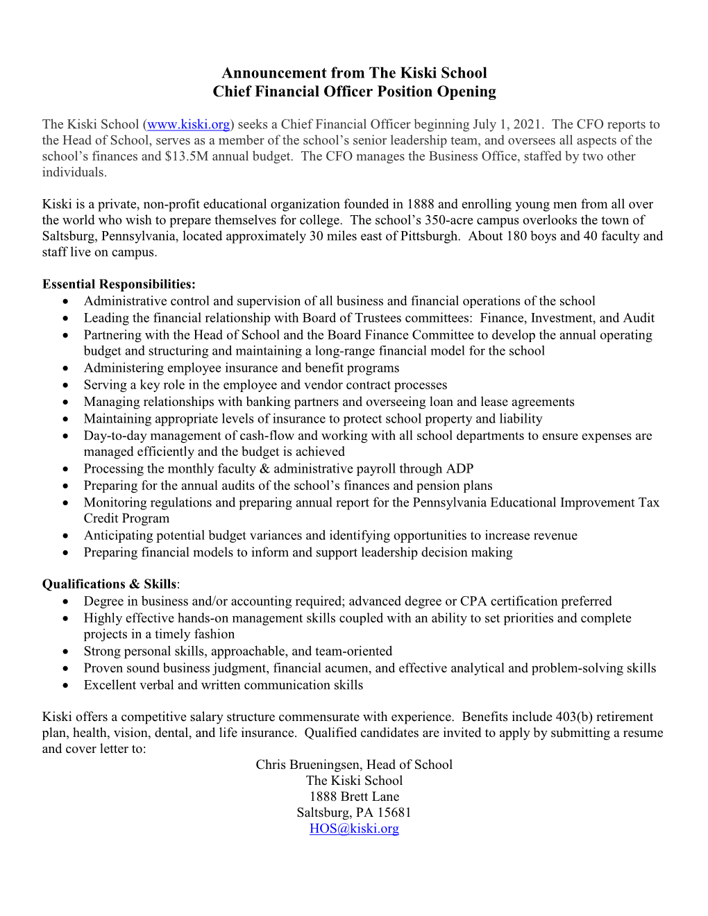 Kiski School Director of Sustainability Position Announcement