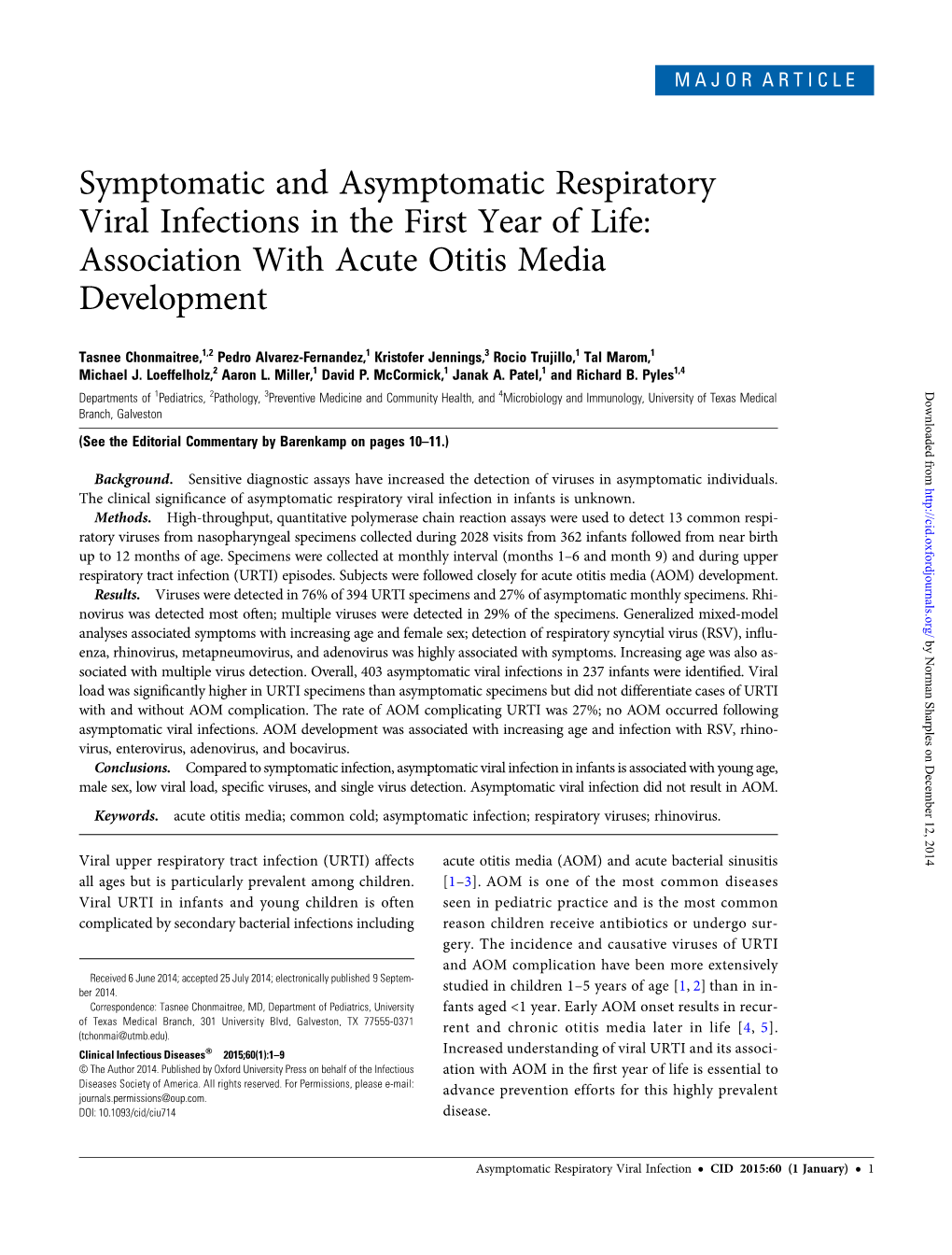 Symptomatic and Asymptomatic Respiratory Viral Infections in the First Year of Life: Association with Acute Otitis Media Development