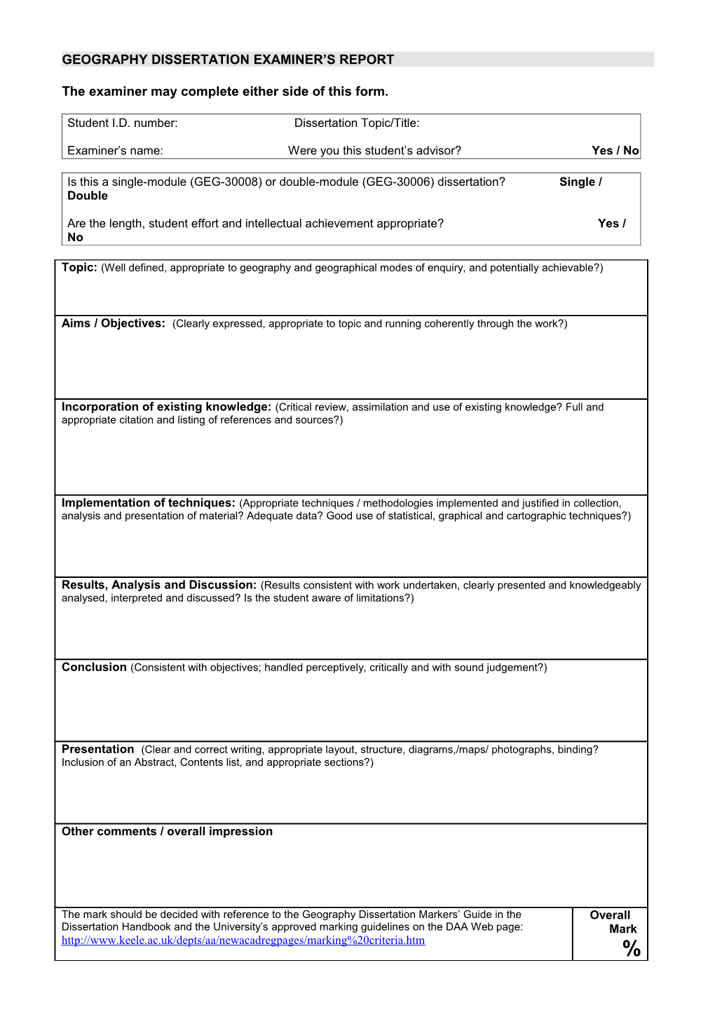 Geography Dissertation Assessment