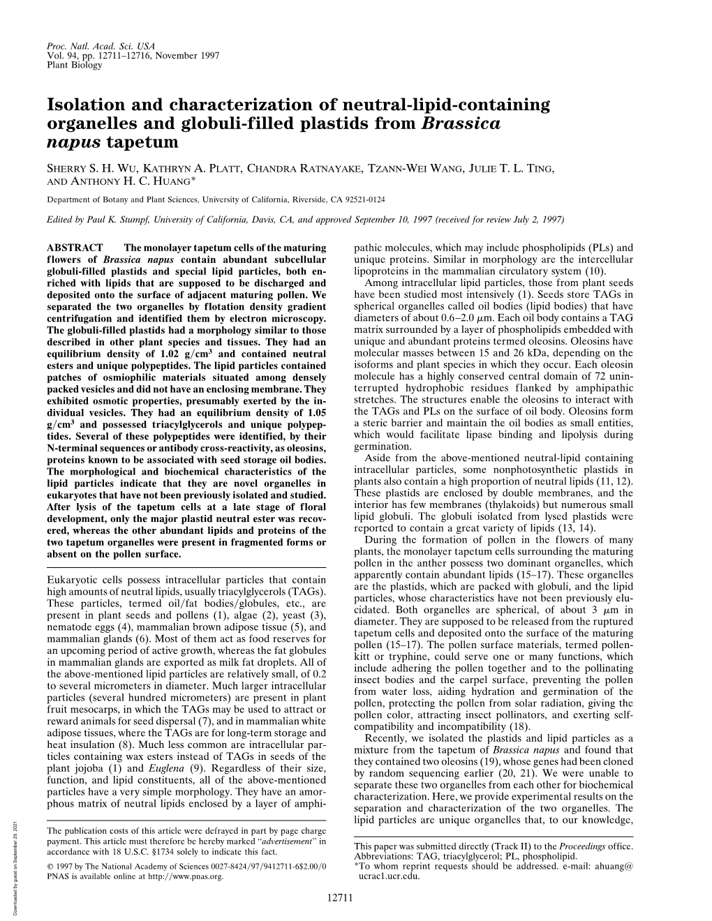 Isolation and Characterization of Neutral-Lipid-Containing Organelles and Globuli-Filled Plastids from Brassica Napus Tapetum