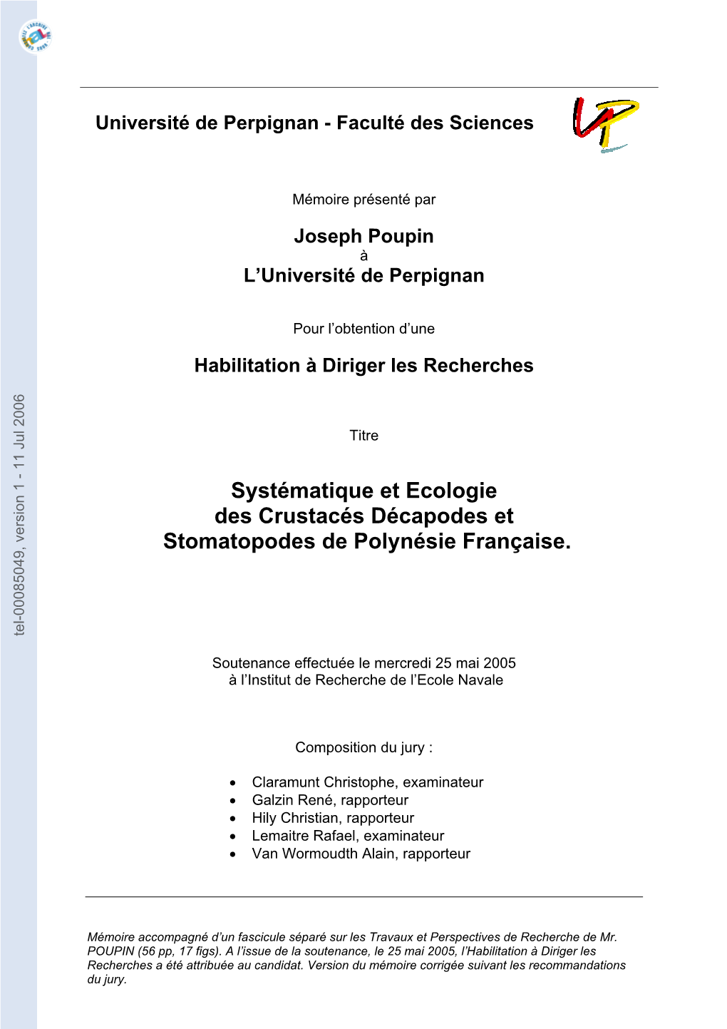 [Tel-00085049, V1] Systématique Et Ecologie Des Crustacés Décapodes